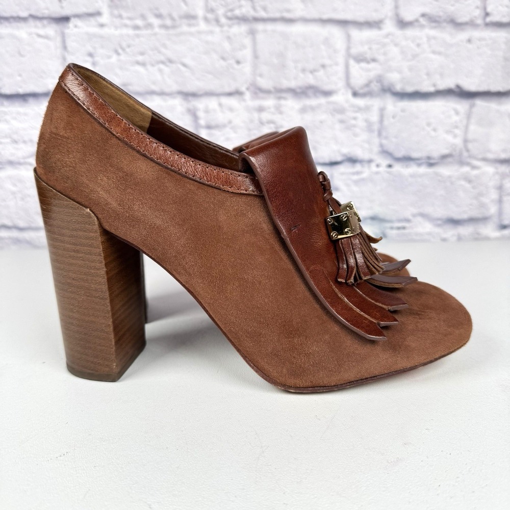 Tory Burch Arelia Brown Suede Leather Kiltie Pump Stacked Heels Tassels Sz 9.5 M - Picture 2 of 13